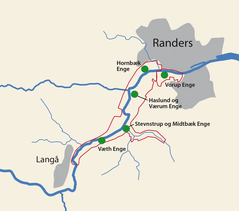 Kort, der viser de nye vådområders placering i ådalen mellem Randers og Langå